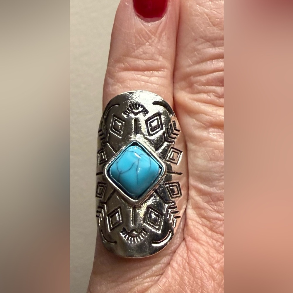 Ring - size 6.25 - silver tone stainless steel with light blue marbled stone - Picture 6 of 9
